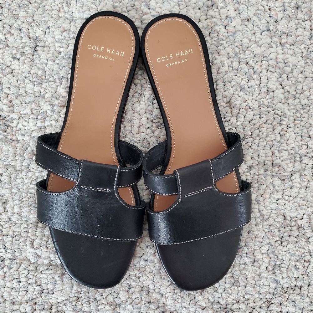 COLE HAAN Mesi Black Grand.Os Sandals Leather SlipOn Comfort Slide Sandals Flats